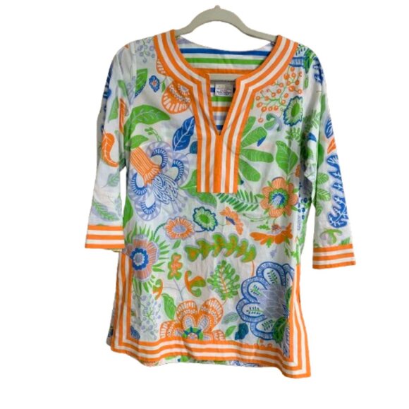 Gretchen Scott Floral Striped Women's Small V-Neck Relaxed Tunic Top Blouse EUC - Picture 1 of 12